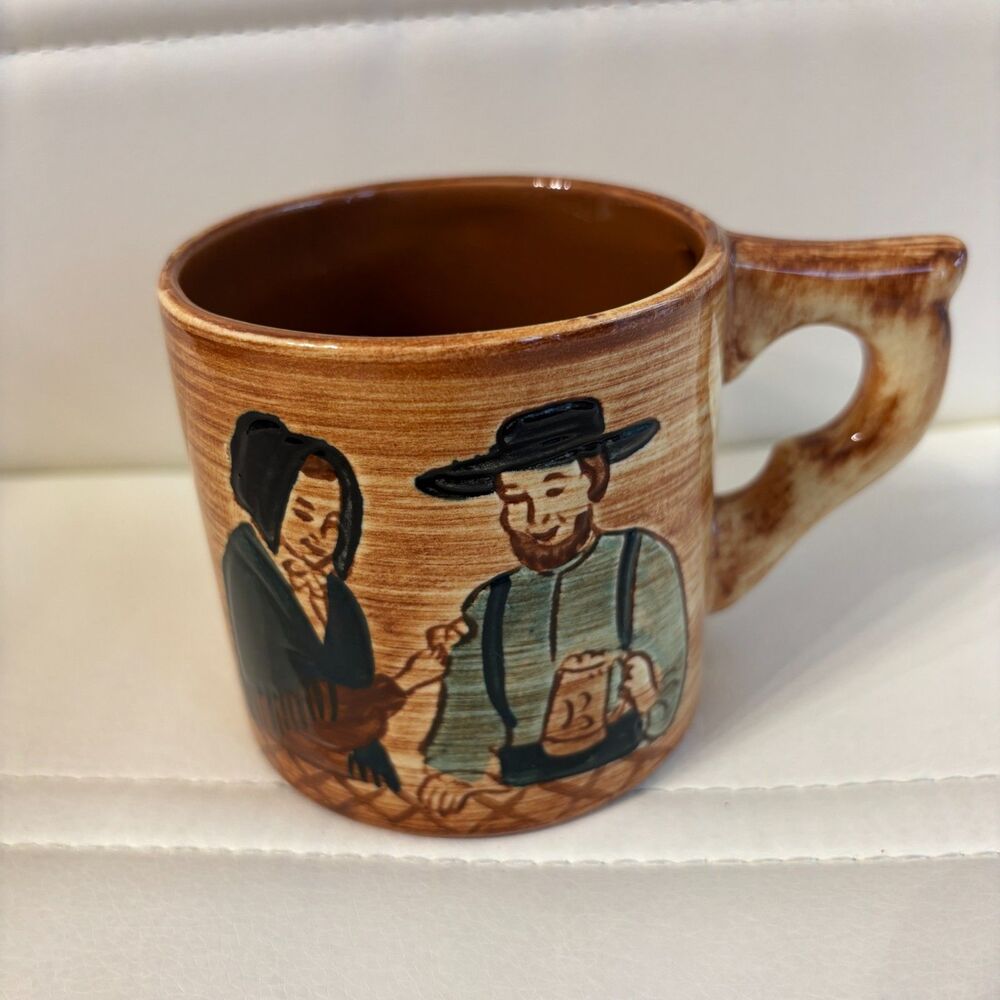 Vintage Pennsbury Pottery Amish Mug 3" Pennsylvania Dutch Folk Art Brown